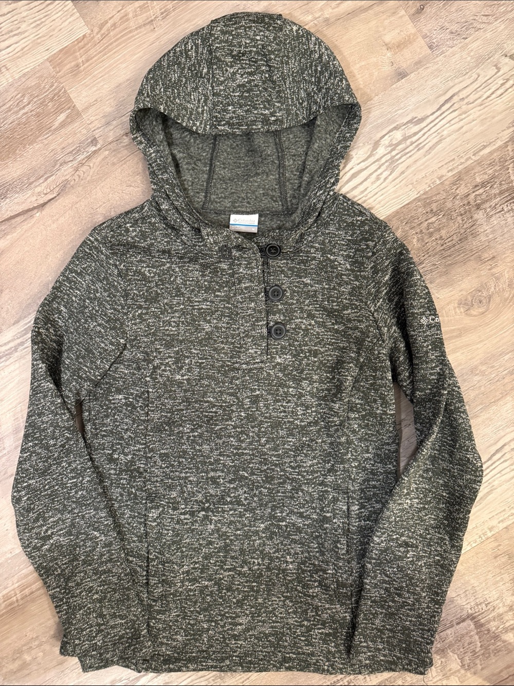 Columbia Heathered Olive Green Hooded Pullover Sweater